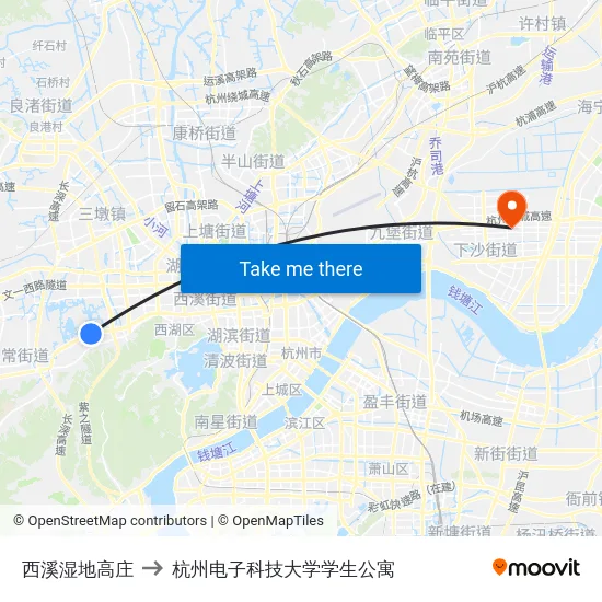 西溪湿地高庄 to 杭州电子科技大学学生公寓 map