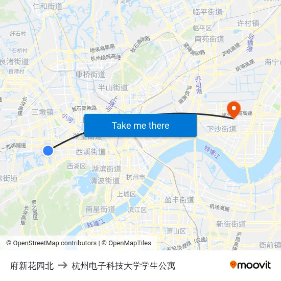 府新花园北 to 杭州电子科技大学学生公寓 map