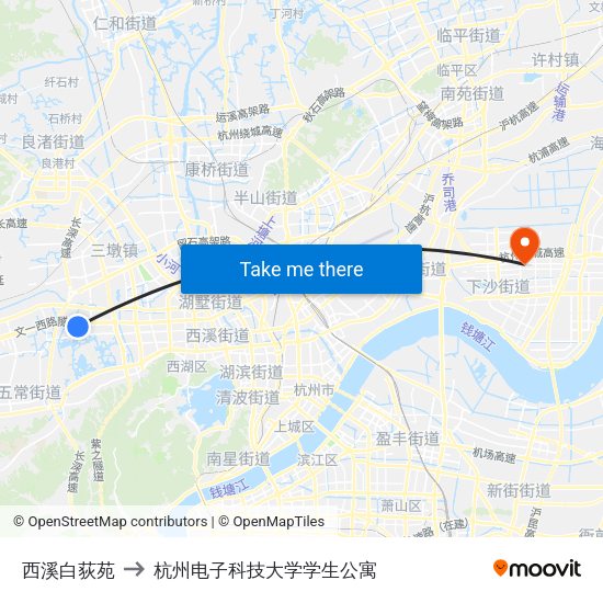 西溪白荻苑 to 杭州电子科技大学学生公寓 map