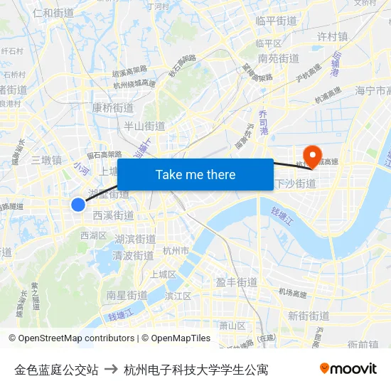 金色蓝庭公交站 to 杭州电子科技大学学生公寓 map