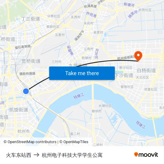 火车东站西 to 杭州电子科技大学学生公寓 map