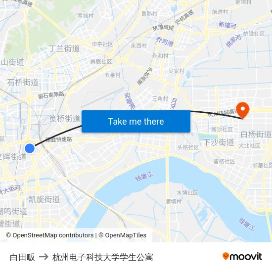白田畈 to 杭州电子科技大学学生公寓 map