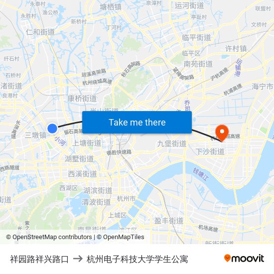 祥园路祥兴路口 to 杭州电子科技大学学生公寓 map