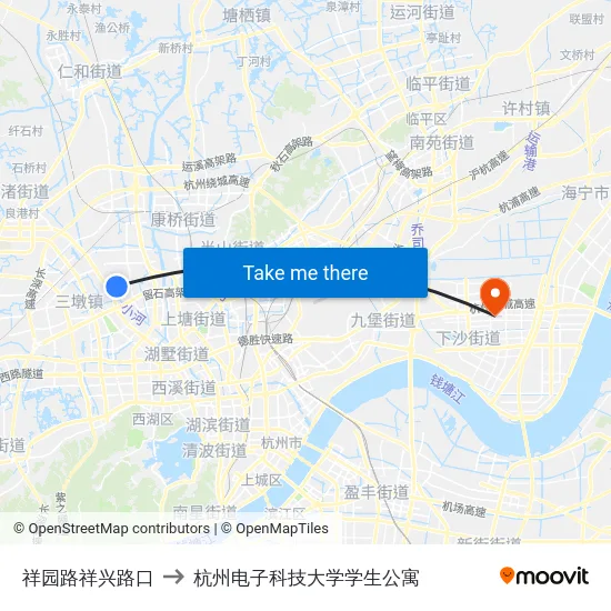 祥园路祥兴路口 to 杭州电子科技大学学生公寓 map