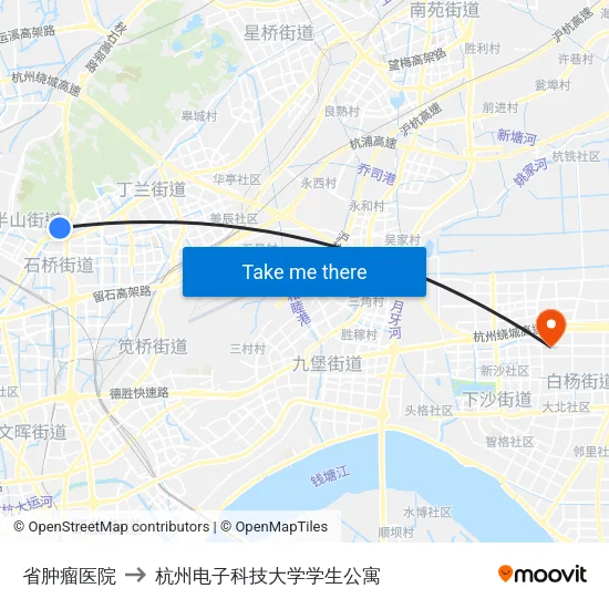 省肿瘤医院 to 杭州电子科技大学学生公寓 map