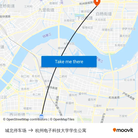 城北停车场 to 杭州电子科技大学学生公寓 map