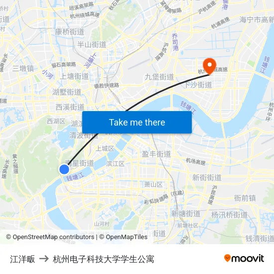 江洋畈 to 杭州电子科技大学学生公寓 map