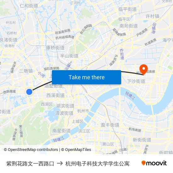 紫荆花路文一西路口 to 杭州电子科技大学学生公寓 map