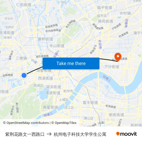紫荆花路文一西路口 to 杭州电子科技大学学生公寓 map