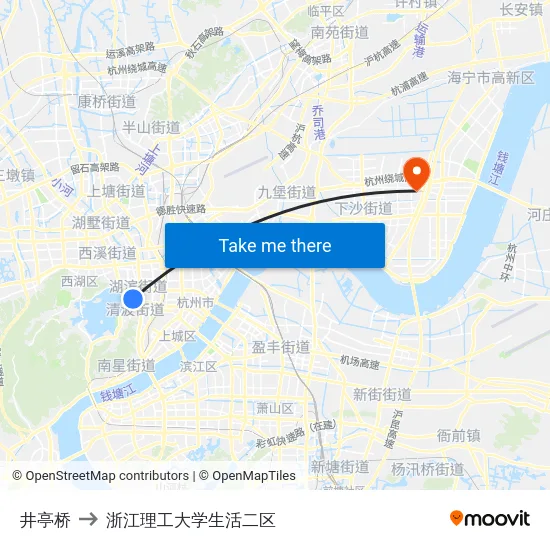 井亭桥 to 浙江理工大学生活二区 map