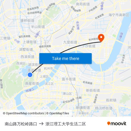 南山路万松岭路口 to 浙江理工大学生活二区 map