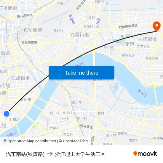 汽车南站(秋涛路) to 浙江理工大学生活二区 map