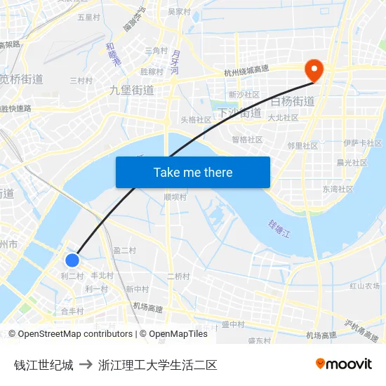 钱江世纪城 to 浙江理工大学生活二区 map