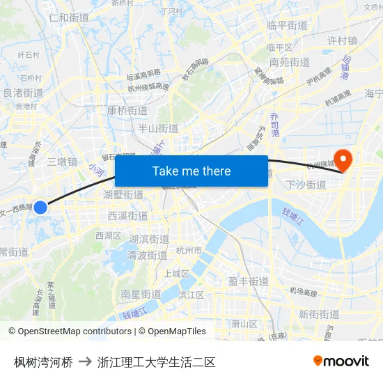 枫树湾河桥 to 浙江理工大学生活二区 map