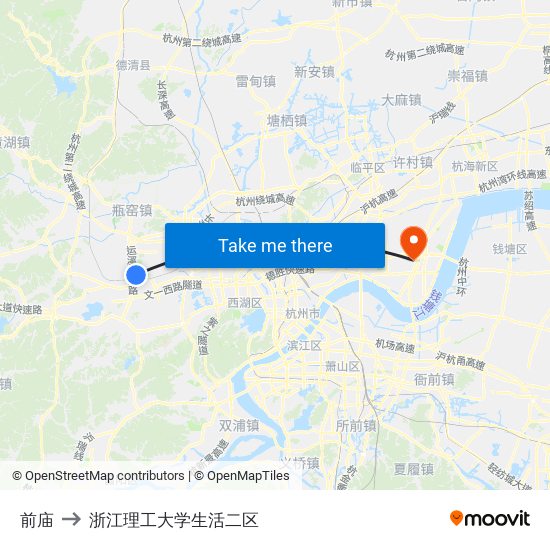 前庙 to 浙江理工大学生活二区 map