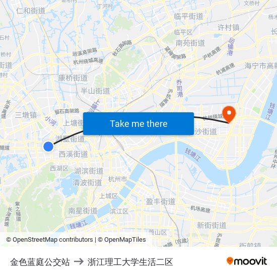 金色蓝庭公交站 to 浙江理工大学生活二区 map