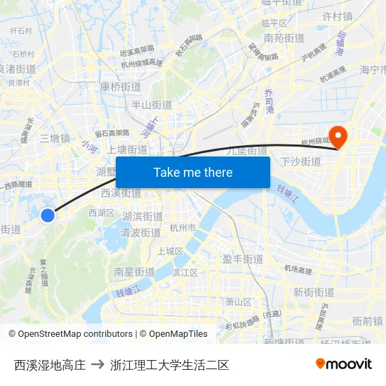 西溪湿地高庄 to 浙江理工大学生活二区 map