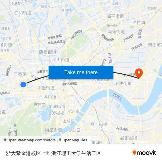 浙大紫金港校区 to 浙江理工大学生活二区 map