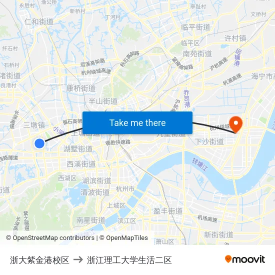 浙大紫金港校区 to 浙江理工大学生活二区 map