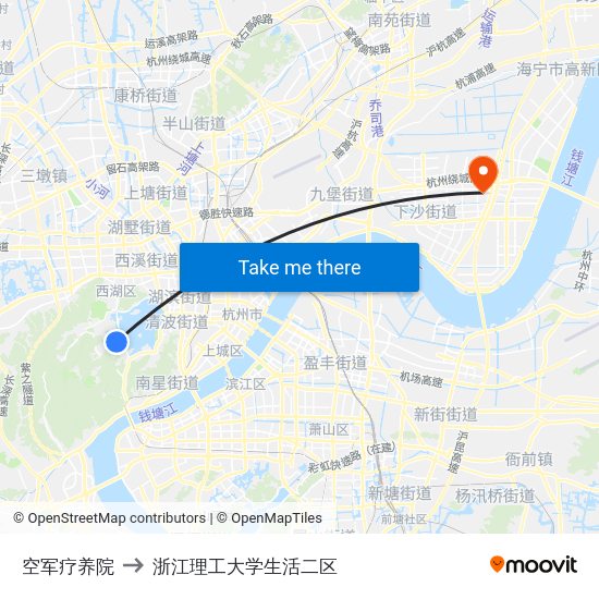 空军疗养院 to 浙江理工大学生活二区 map