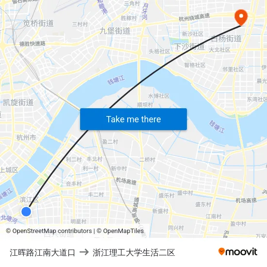 江晖路江南大道口 to 浙江理工大学生活二区 map