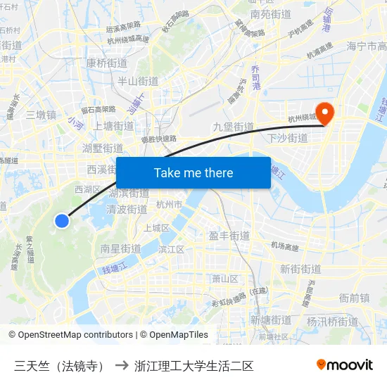 三天竺（法镜寺） to 浙江理工大学生活二区 map