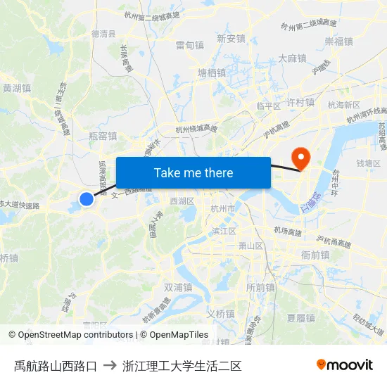 禹航路山西路口 to 浙江理工大学生活二区 map