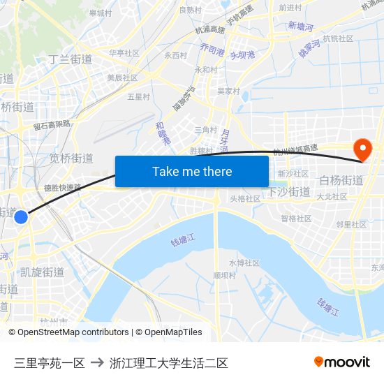 三里亭苑一区 to 浙江理工大学生活二区 map
