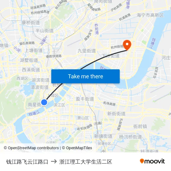 钱江路飞云江路口 to 浙江理工大学生活二区 map