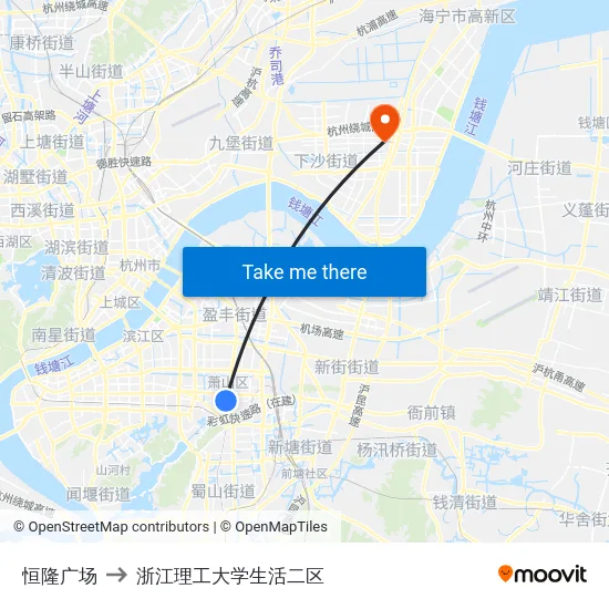 恒隆广场 to 浙江理工大学生活二区 map