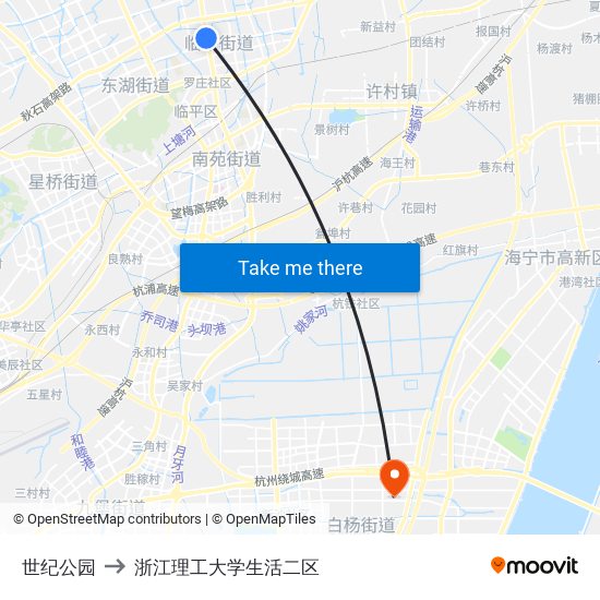 世纪公园 to 浙江理工大学生活二区 map