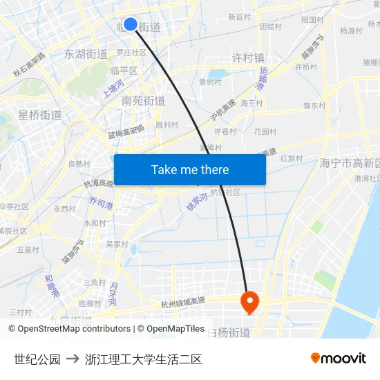 世纪公园 to 浙江理工大学生活二区 map