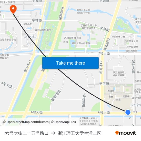 六号大街二十五号路口 to 浙江理工大学生活二区 map