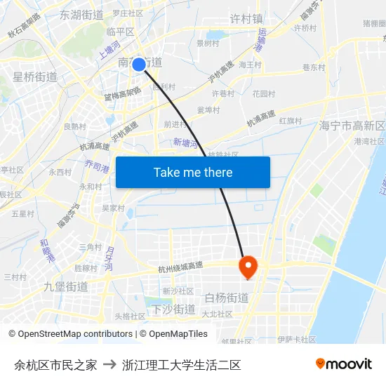 余杭区市民之家 to 浙江理工大学生活二区 map