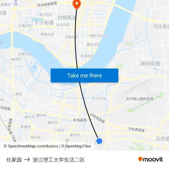 任家园 to 浙江理工大学生活二区 map