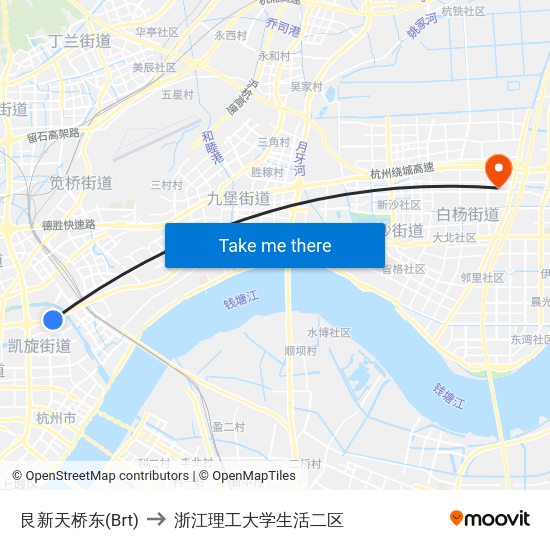 艮新天桥东(Brt) to 浙江理工大学生活二区 map