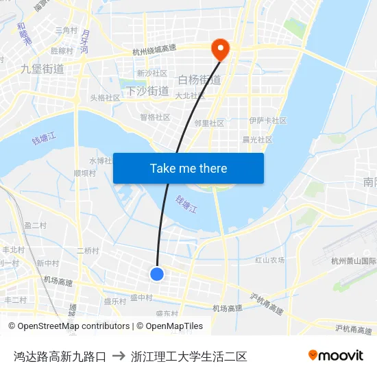 鸿达路高新九路口 to 浙江理工大学生活二区 map