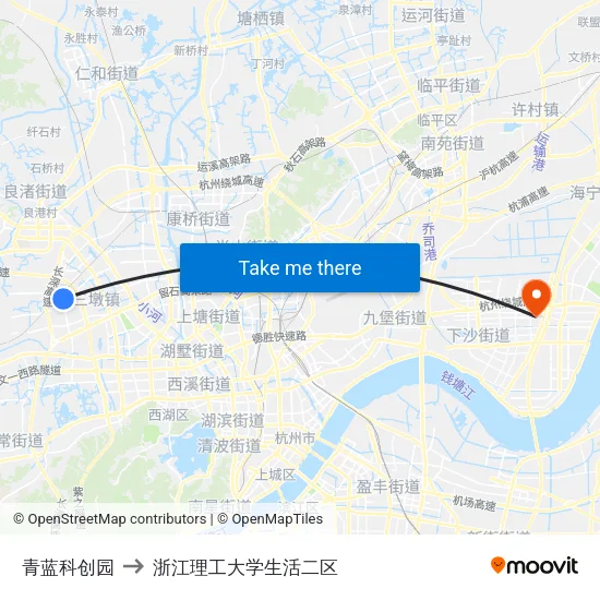 青蓝科创园 to 浙江理工大学生活二区 map