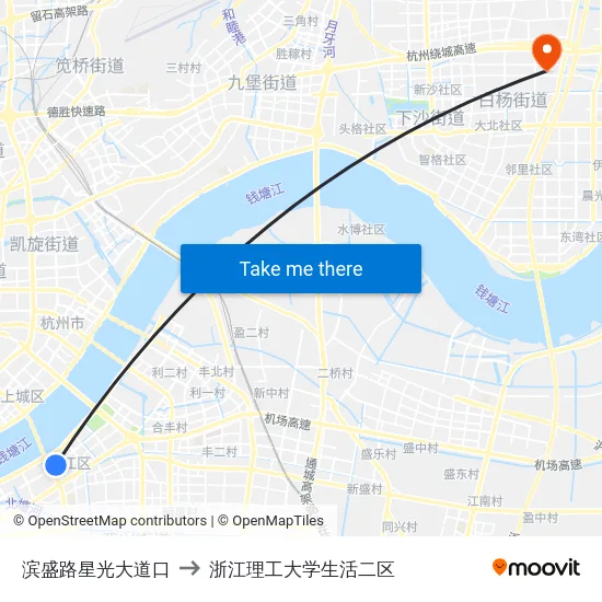 滨盛路星光大道口 to 浙江理工大学生活二区 map