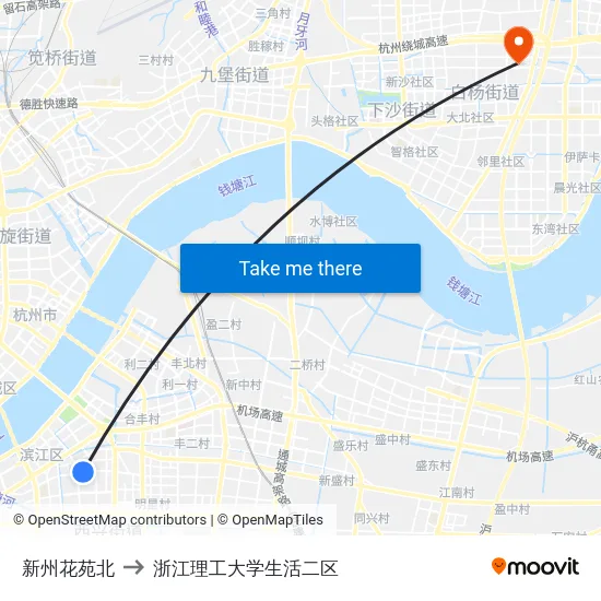 新州花苑北 to 浙江理工大学生活二区 map