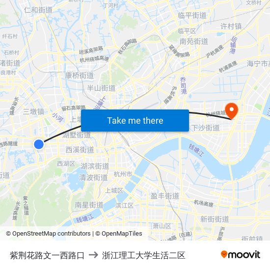 紫荆花路文一西路口 to 浙江理工大学生活二区 map