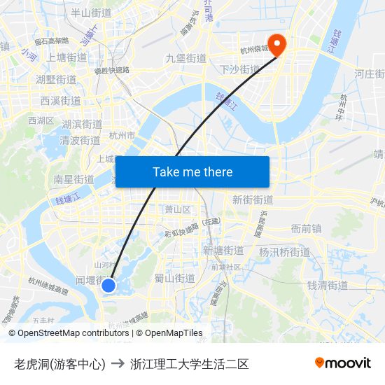 老虎洞(游客中心) to 浙江理工大学生活二区 map