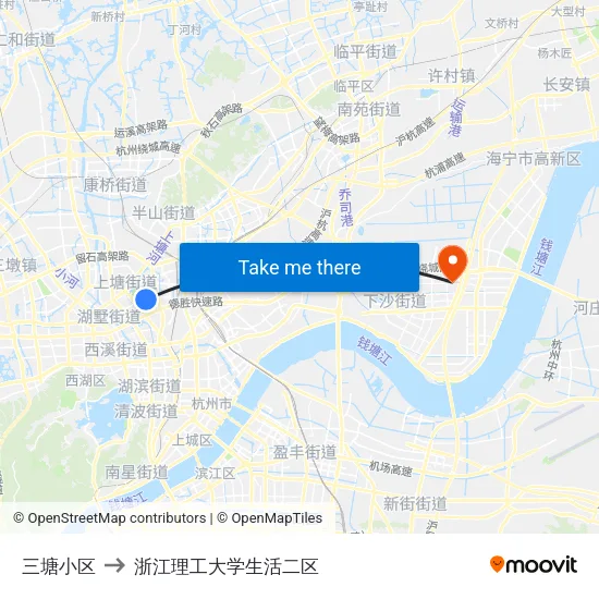 三塘小区 to 浙江理工大学生活二区 map
