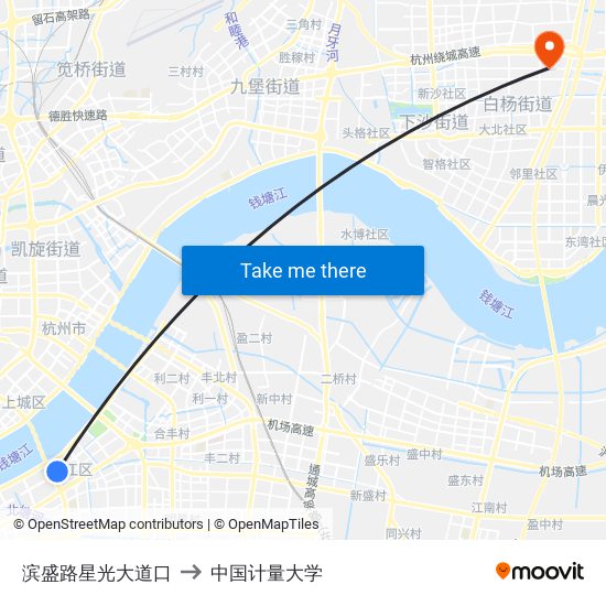 滨盛路星光大道口 to 中国计量大学 map