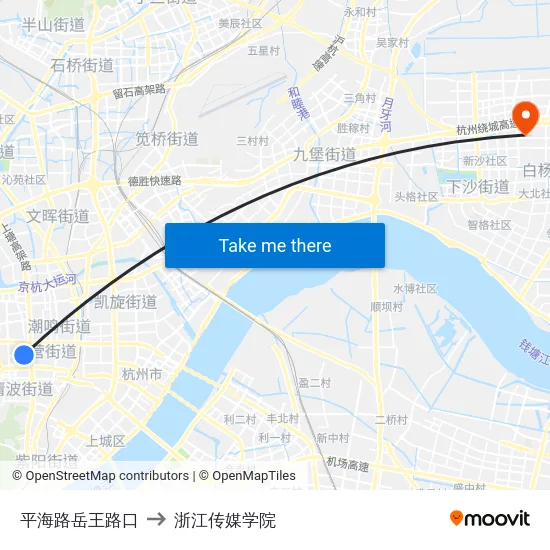 平海路岳王路口 to 浙江传媒学院 map