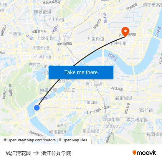 钱江湾花园 to 浙江传媒学院 map