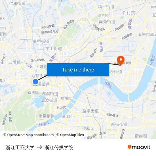 浙江工商大学 to 浙江传媒学院 map
