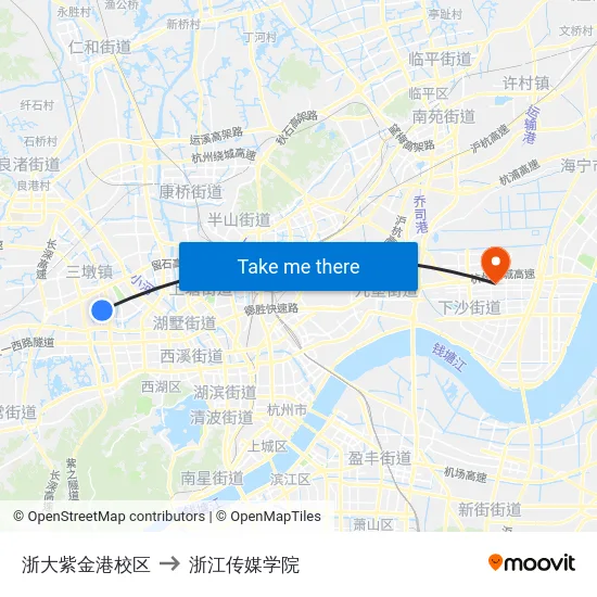 浙大紫金港校区 to 浙江传媒学院 map