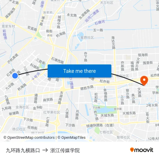 九环路九横路口 to 浙江传媒学院 map