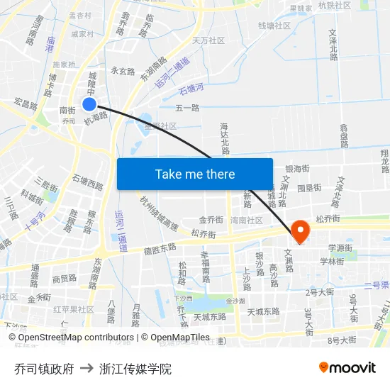 乔司镇政府 to 浙江传媒学院 map